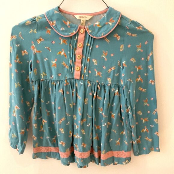 Matilda Jane Girls Size 10 Blue Floral Long Sleeve Button-Up Shirt With Pink Tri - Picture 1 of 6